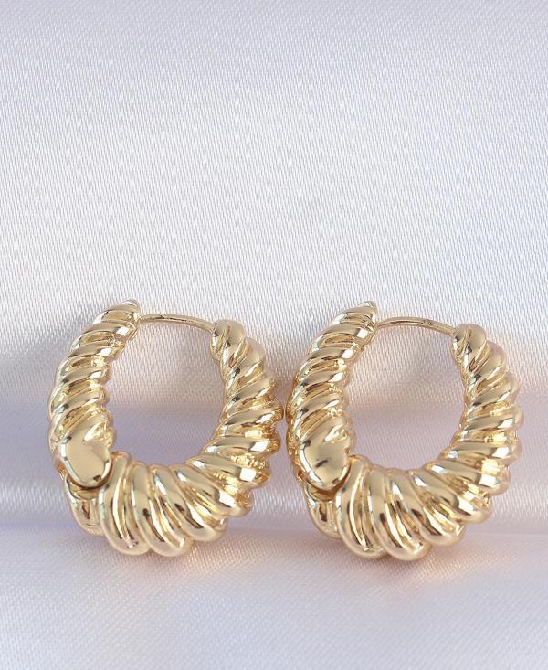 Pirinç Gold Renk Tırtık Detay Bombeli Halka Küpe - EBJ240601W24747 - Image 1