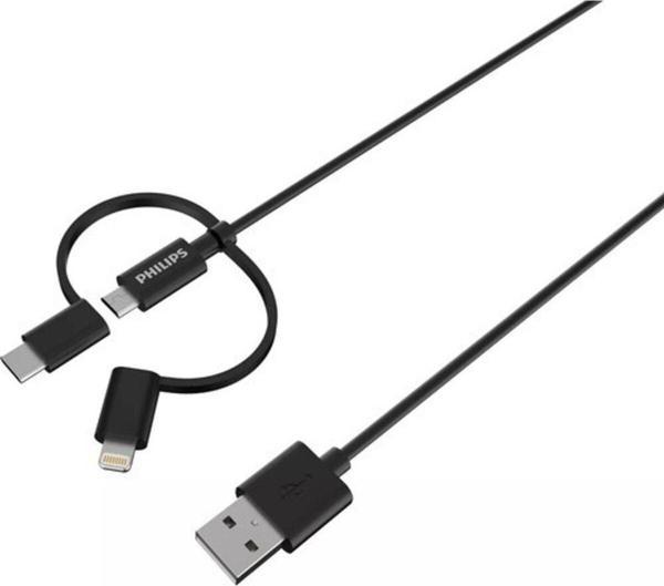 Philips MFI Apple Lisanslı İphone 5s 3in1 Micro Usb-Lightining-Type-C Hızlı Şarj ve Data Kablosu 2m Siyah - Image 1