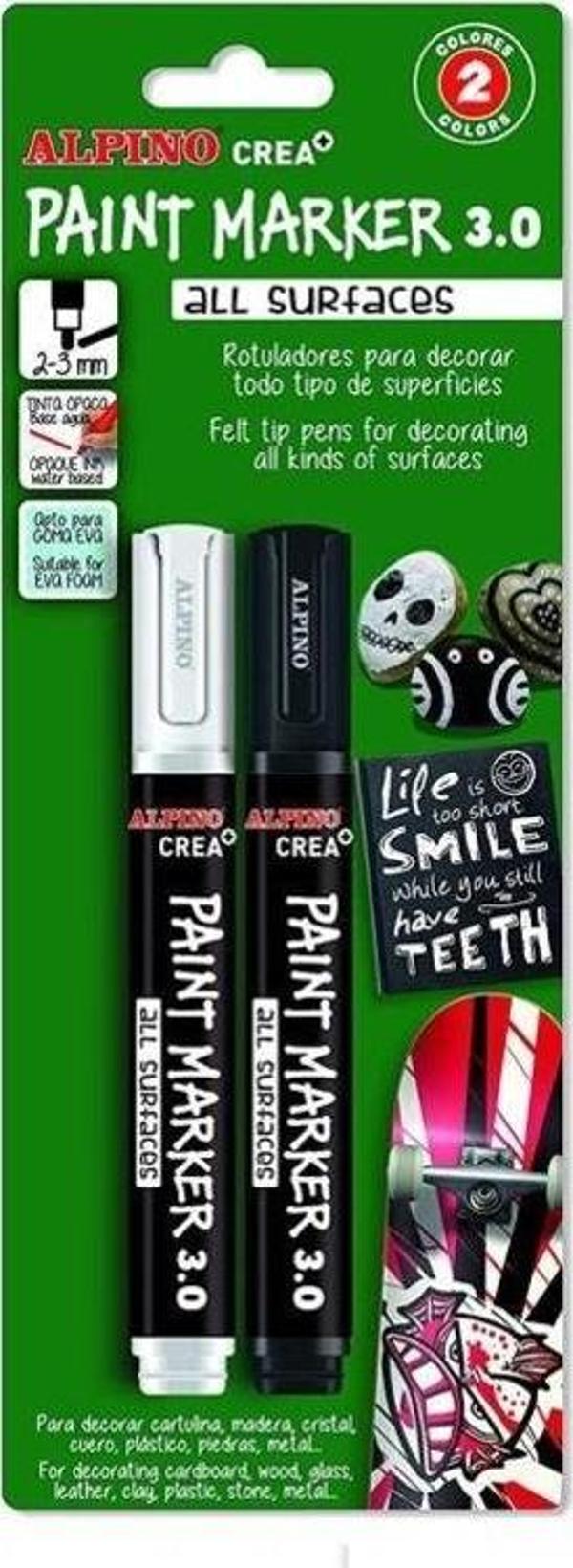 Alpino Crea+ Paint Marker Tüm Yüzeyler İçin Boyama Markörü Siyah-Beyaz 2'li Blister - Image 1