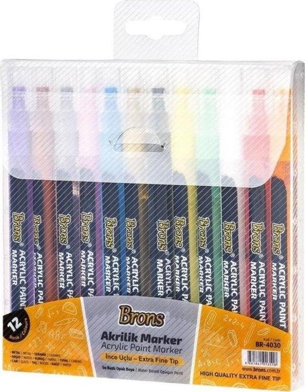 Brons Akrilik Marker İnce Uçlu 12 Renk Set - Image 1