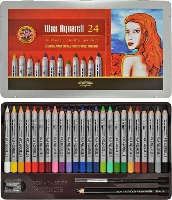 Koh-i Noor Wax Aquarell Balmumu Kalın Boya Kalemi 24 Renk Metal Kutu - Image 1