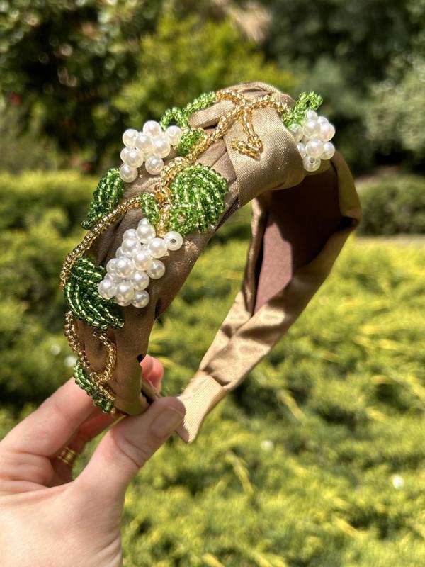 BYM503 Tasarım El Yapımı El İşlemeli Vizon Saten Beyaz Üzümlü Boncuk Düğün  Kına Kadın Taç Aksesuar - Image 1