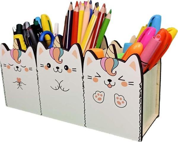 Ahşap 3'lü Unicorn Çocuklar Için Masaüstü Kalemlik Kalem Kutusu Makyaj Organizer - Image 1