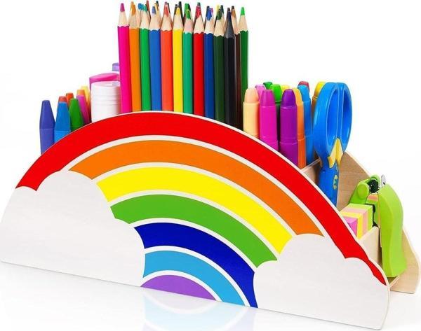 Ahşap Gökkuşağı Çocuklar İçin Masaüstü Kalemlik Kalem Kutusu Makyaj Organizer - Image 1
