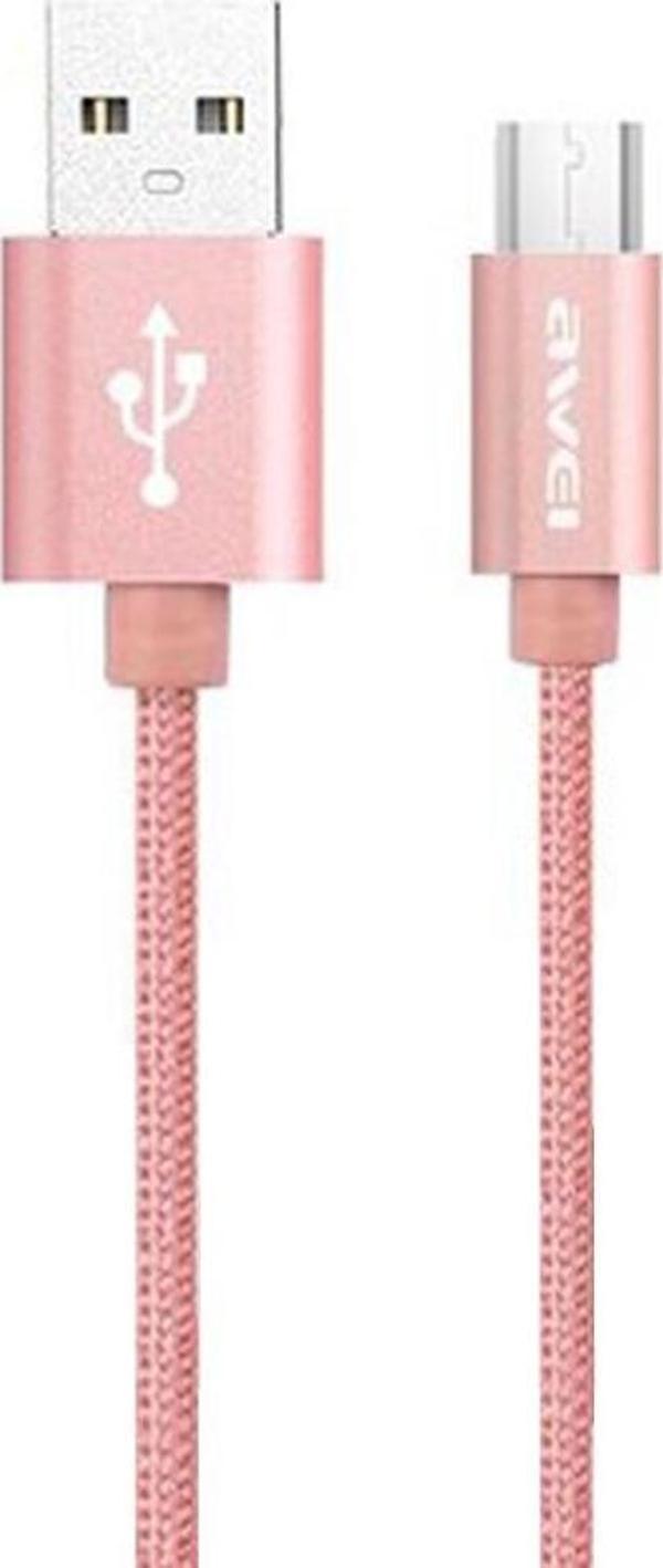 Awei Micro USB Hızlı Şarj ve USB Kablo Metal Örgü 1mt CL-30 RoseGold - Image 1
