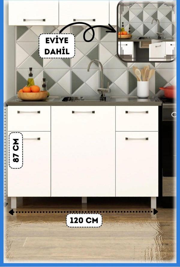 Fly Mobilya 120 cm Beyaz Panovit Mini Evyeli Alt Modül Mutfak Dolabı  Alt Modül Ünitesi - Image 1