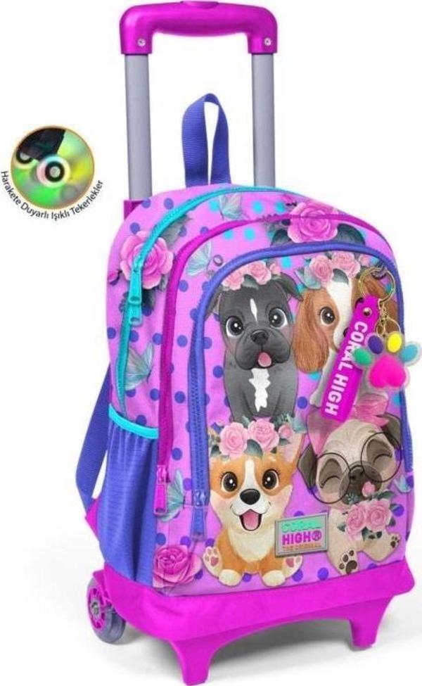 Coral High Kids Pembe Köpek Desenli Üç Bölmeli Çekçekli Okul Sırt Çantası 23950 - Image 1