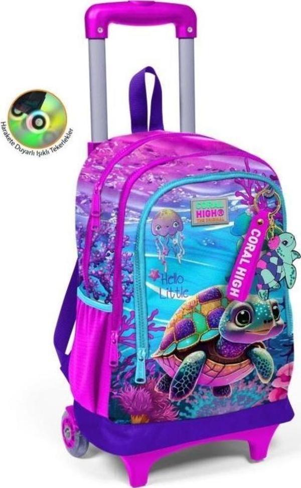 Coral High Kids Pembe Mor Kaplumbağa Desenli Üç Bölmeli Çekçekli Okul Sırt Çantası 23956 - Image 1