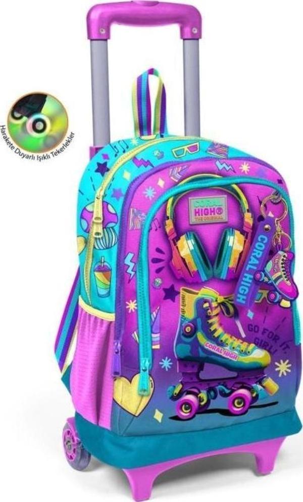 Coral High Kids Pembe Turkuaz Kulaklık Paten Desenli Üç Bölmeli Çekçekli Okul Sırt Çantası 23954 - Image 1