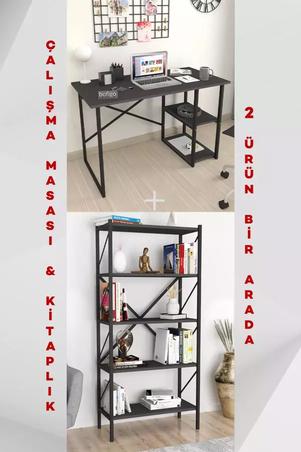 2 Raflı Çalışma Masası Bilgisayar Masası Ofis Ders Masası + 5 Raflı Kitaplık Metal Kitaplık Antrasit - Image 1