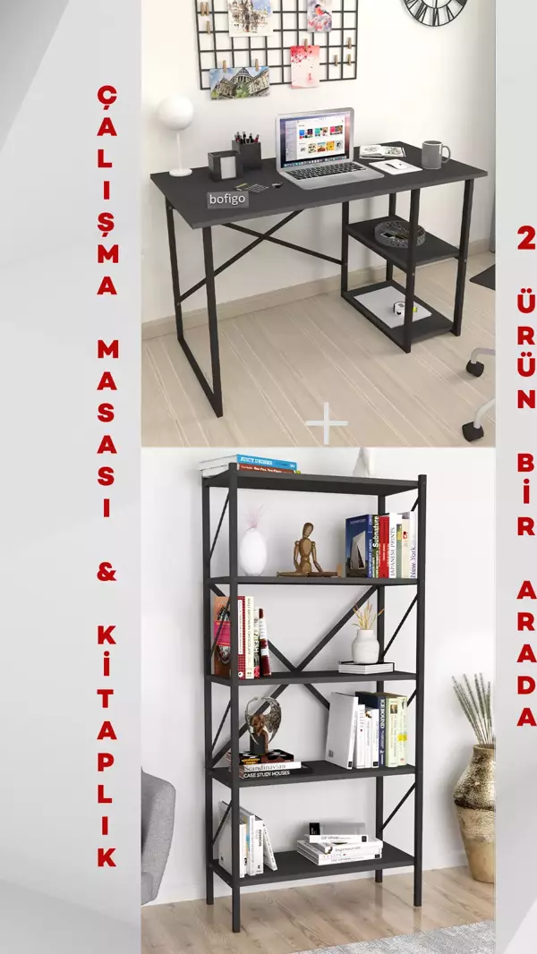 2 Raflı Çalışma Masası Bilgisayar Masası Ofis Ders Masası + 5 Raflı Kitaplık Metal Kitaplık Antrasit - Image 1