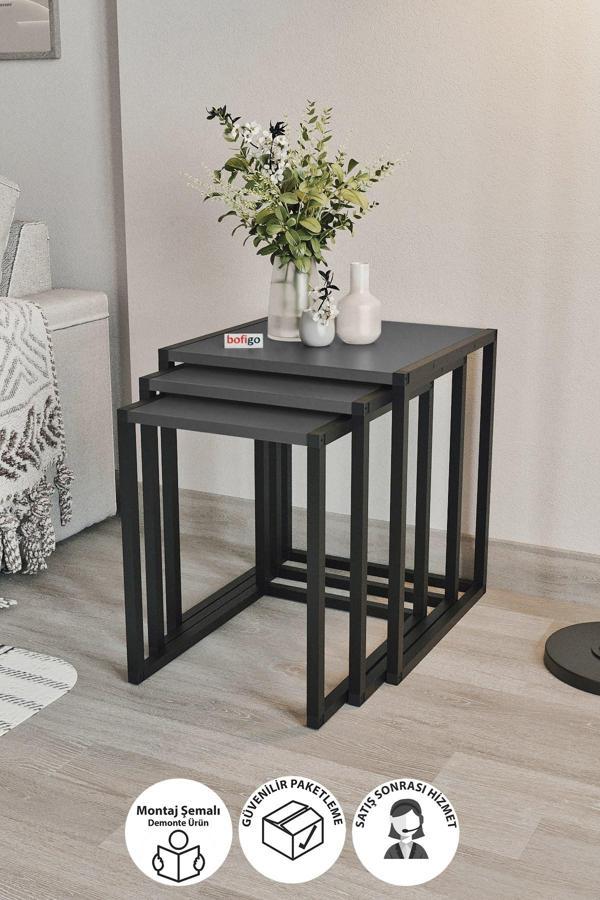 Bofigo 3'lü Metal Zigon Sehpa Zigon Sehpa Orta Sehpa Yan Sehpa Antrasit - Image 1