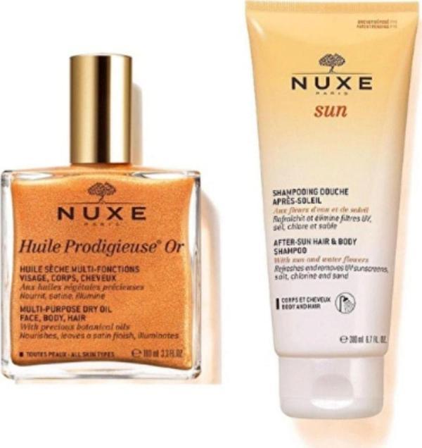 Nuxe Huile Prodigieuse Or Altın Parıltılı Kuru Yağ 100 Ml - Nuxe Sun Güneş Sonrası Şampuanı 200 Ml - Image 1