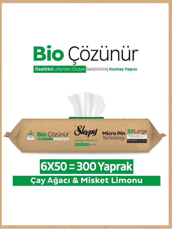 Sleepy Easy Clean Bio Çözünür Çay Ağacı ve Misket Limonu Yüzey Temizlik Havlusu 6X50 (300 Yaprak) - Image 1