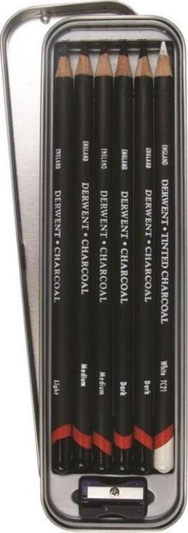 Derwent Charcoal Pencils Kömür Füzen Kalem Seti 6'lı Teneke Kutu - Image 1