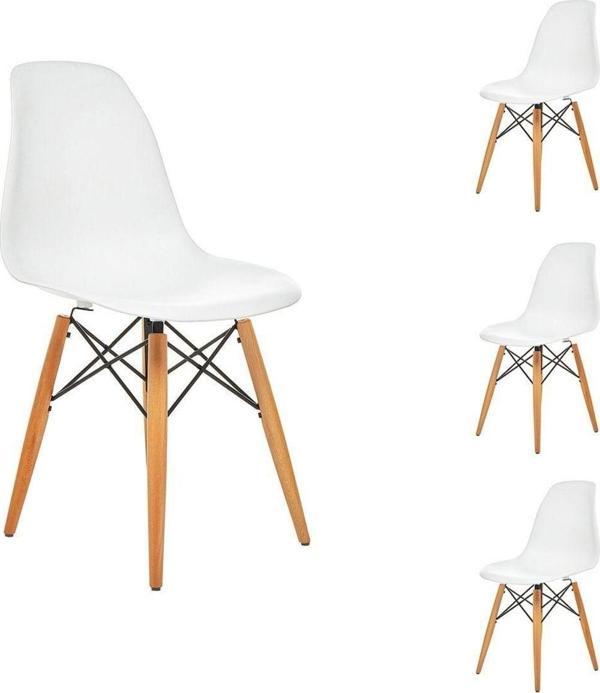 Seduna Beyaz Eames Sandalye Natural Ahşap Ayaklı 4 Adet - Image 1
