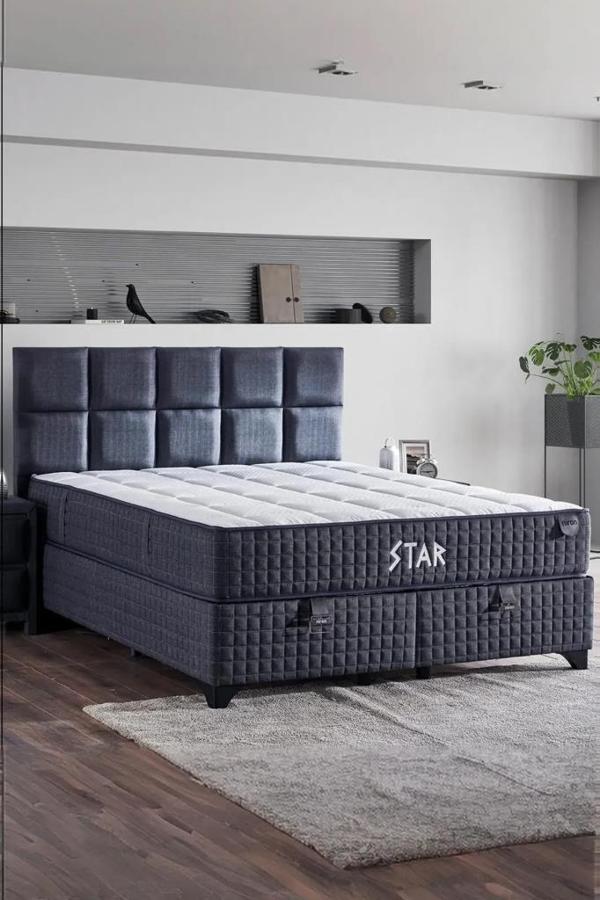 Star Yatak Seti 200x200 cm Çift Kişilik Yaylı Sert Ortopedik Yatak Antrasit Lüks Baza Başlık Takımı - Image 1