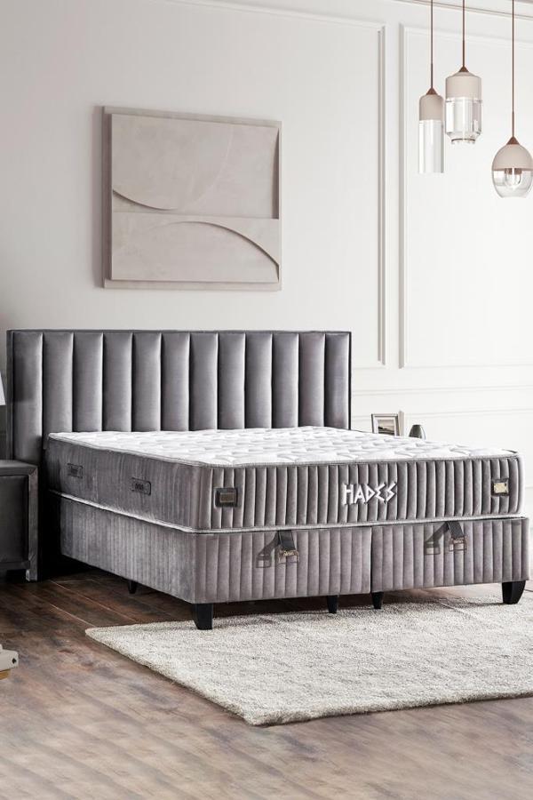 Hades Yatak Baza ve Başlık Seti 150x200 cm Çift Kişilik Paket Yaylı Lüks Yatak Koyu Gri Baza Başlık - Image 1