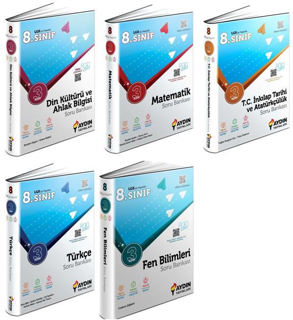 Aydın 2024 8. Sınıf Matematik + Türkçe + Fen + İnkılap + Din Üç Adım Soru Seti 5 Kitap - Aydın Yayınları - Image 1