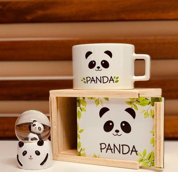 Panda Hediye Seti Küçük Kar Küresi Ahşap Kutulu Kupa - Image 1