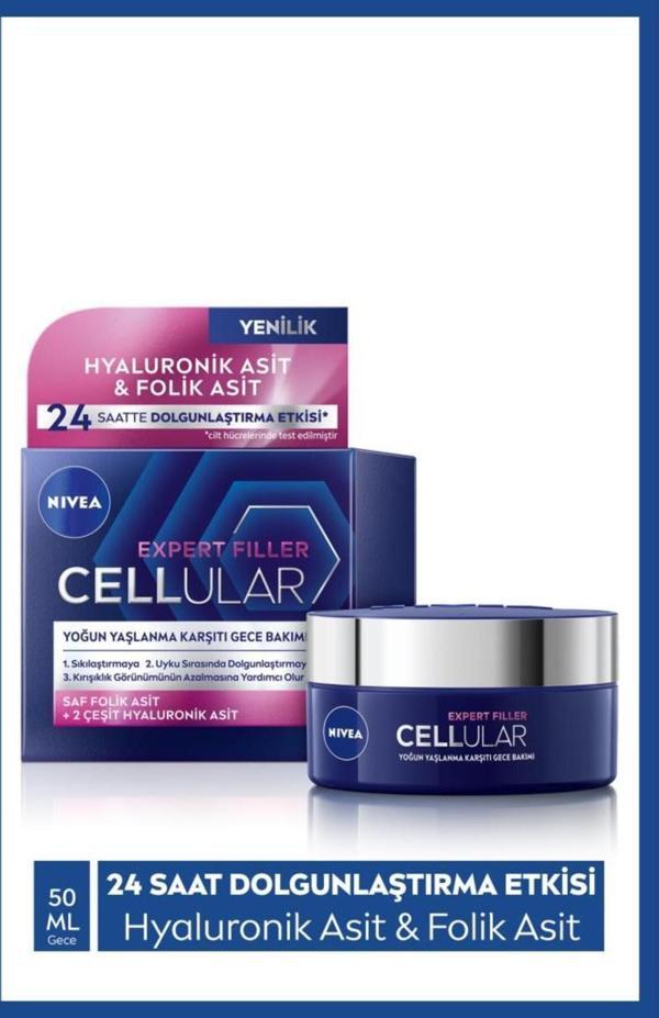 Cellular Expert Filler Yoğun Yaşlanma Karşıtı Gece Yüz Bakım Kremi 50ml, Hyaluronik Asit, Folik Asit - Image 1