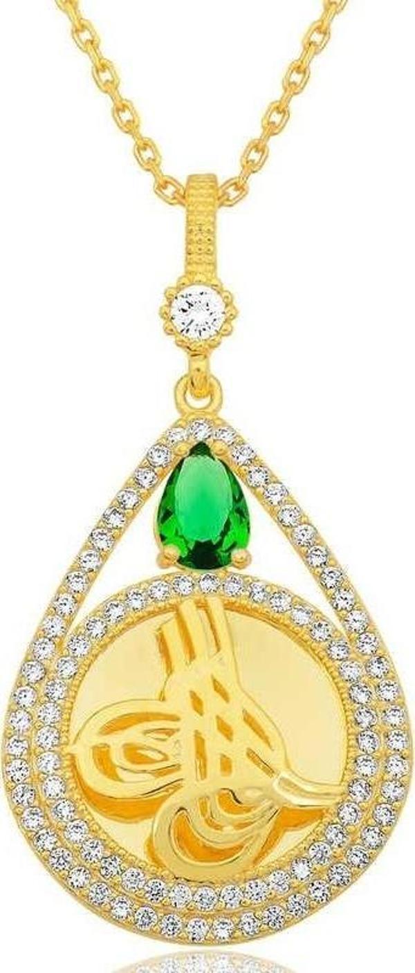 Gümüş Gold Kaplama Damla Tuğralı Kadın Kolye - Image 1