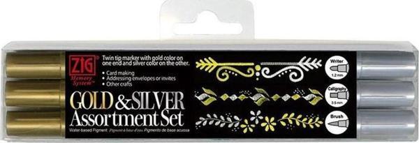 Zig Gold & Silver Metalik Yazı Kalemi 3'lü Set (Fırça Uç, Kesik Uç, Yuvarlak Uç) - Image 1