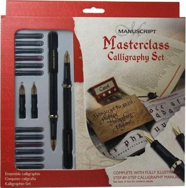 Manuscript Masterclass Calligraphy Set YAN KESİK (2 Kalem + 4 Uç + 12 Renkli Kartuş + Çalışma Bloğu) - Image 1