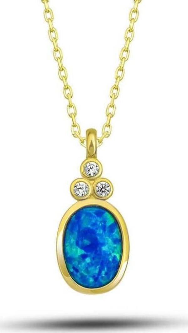 925 Ayar Gümüş Gold Mavi Opal Taşlı Ananas Kadın Kolye - Image 1