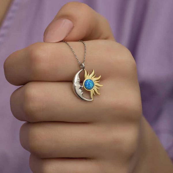925 Ayar Gümüş Opal Mavi Taşlı Ay Güneş Kadın Kolye - Image 1