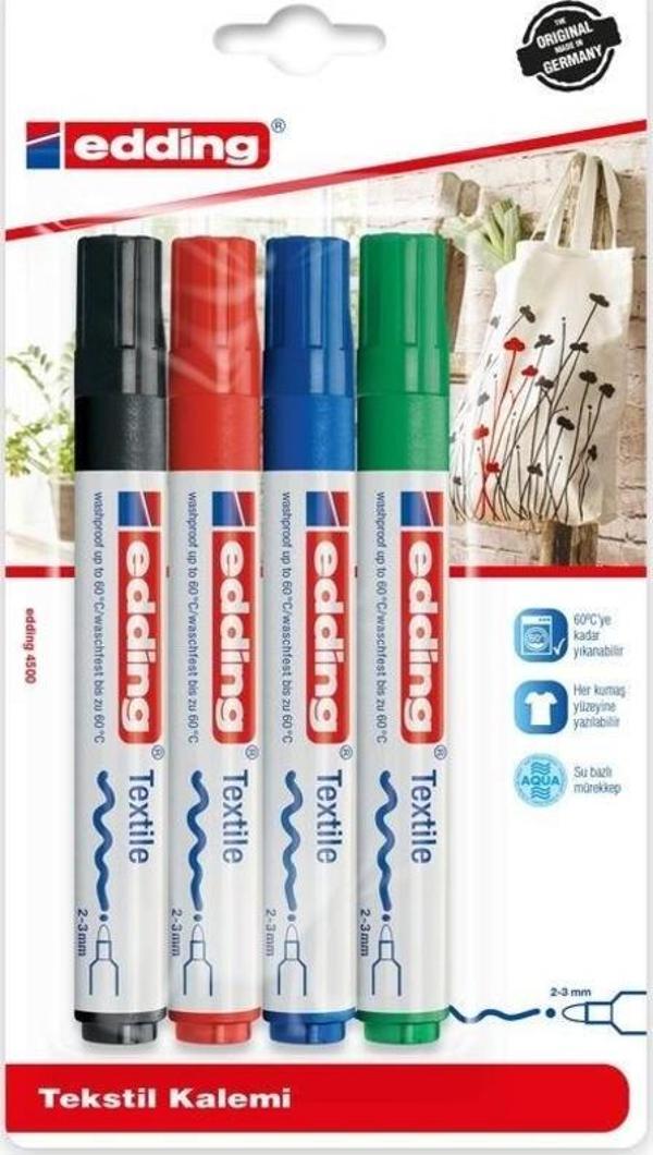 Edding 4500 Tekstil Kalemi 4'lü Set (Siyah, Kırmızı, Mavi, Yeşil) - Image 1