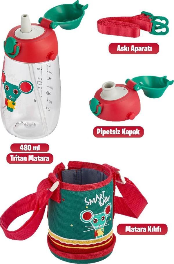 Uzspace 480 ml Kılıflı 2 Ayrı Kapaklı Pipetli/Pipetsiz Tritan Çocuk Su Matarası - Image 1