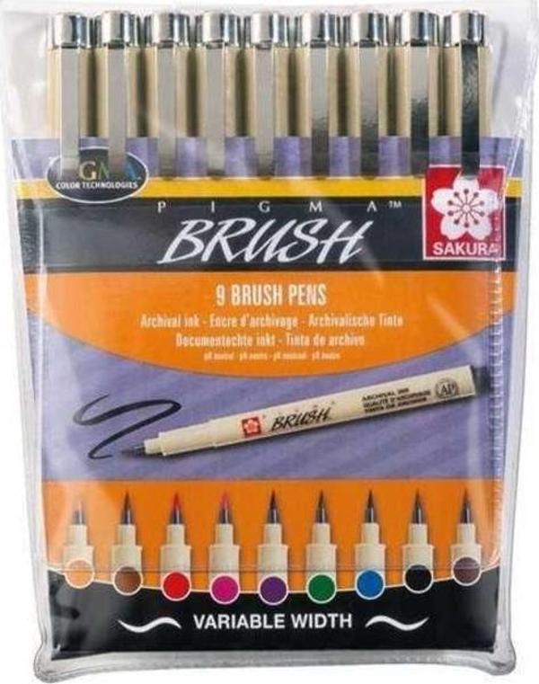 Sakura Pigma Brush Pen Fırça Uçlu Çizim Kalemi 9 RENK SET - Image 1