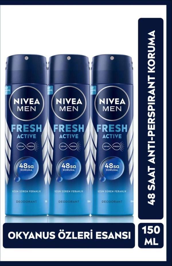 Nivea Men Fresh Active Deodorant Pudrasız 150 ml X 3 Adet - Image 1