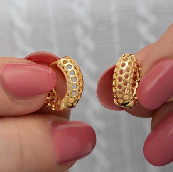 Gümüş Gold Petek Desenli Halka Kadın Küpe - Image 1