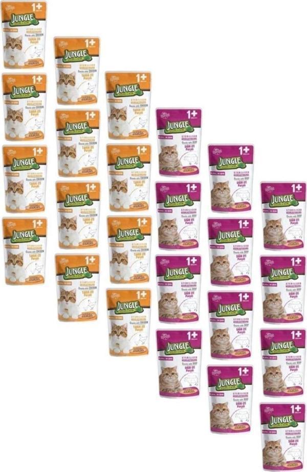 Jungle Pouch Karışık Tavuklu&Biftekli Kısırlaştırılmış Kedi Maması 100 Gr X 24 Adet - Image 1