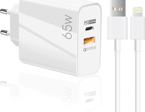 ScHitec 65W UsbA PD33W Quick Charger 3.0 UsbA to Lightning 3m Kablolu Hızlı Şarj Aleti Set - Image 1