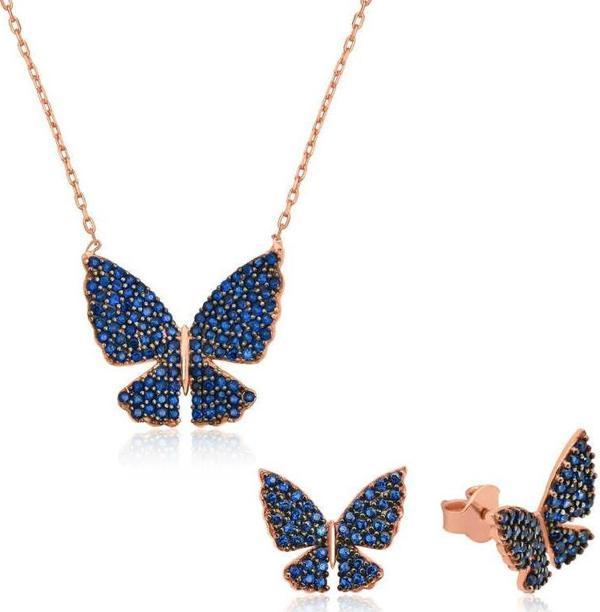 925 Ayar Gümüş Lacivert Kelebek Set - Image 1