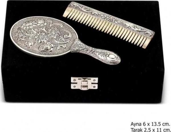 Papatya Motifli Ayna Tarak Gümüş Set - Image 1