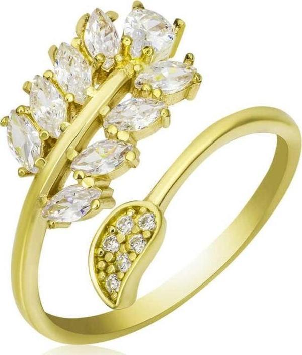 Gümüş Gold Ayarlanabilir Beyaz Taşlı Yaprak Kadın Yüzük - Image 1