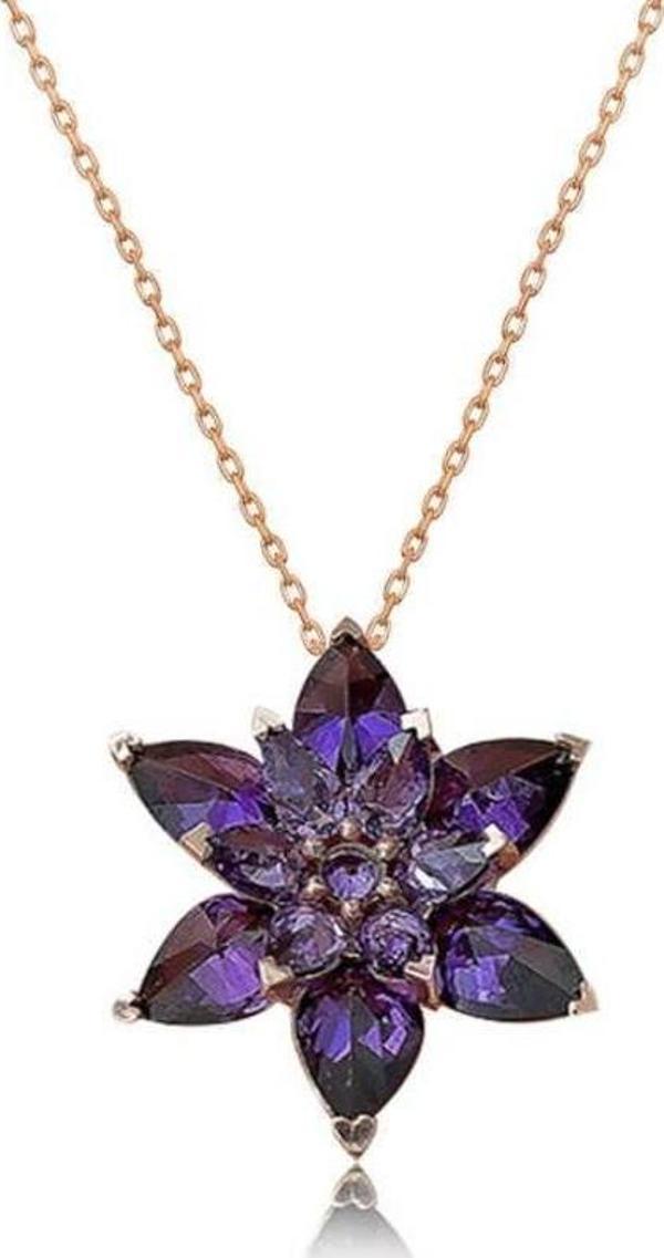 Gümüş Rose Mor Lotus Çiçeği Kolye - Image 1