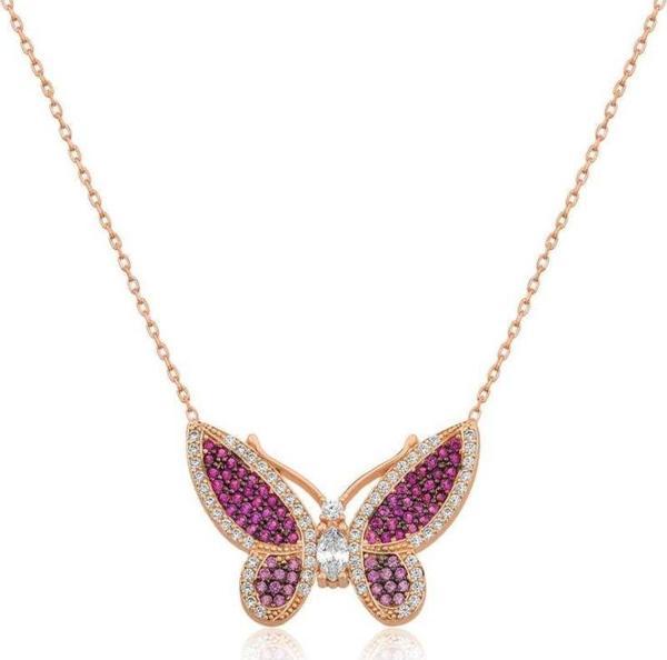Gümüş Rose Pembe Kelebek Bayan Kolye - Image 1
