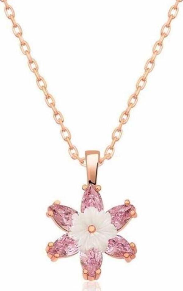 Gümüş Rose Pembe Lotus Çiçeği Kolye - Image 1