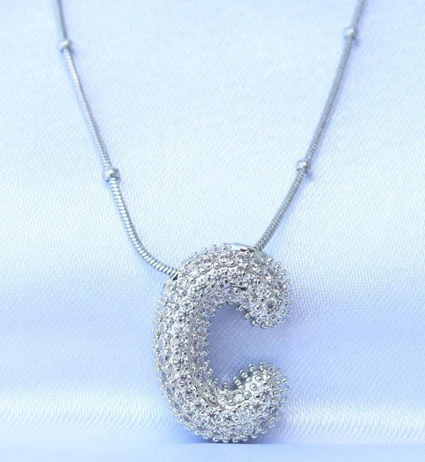 316L Çelik Zincirli Zirkon Taşlı C Harfli Gümüş Renk Bubble Kolye - EBJ240608W24822 - Image 1