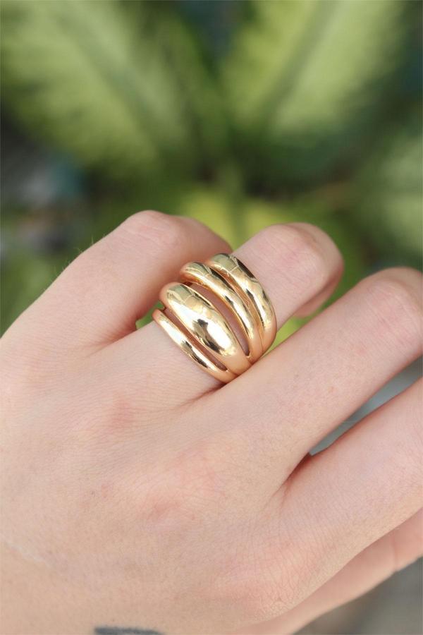 Pirinç Gold Renk Ayarlanabilir Tırtıklı Bombe Yüzük - EBJ240608W24847 - Image 1