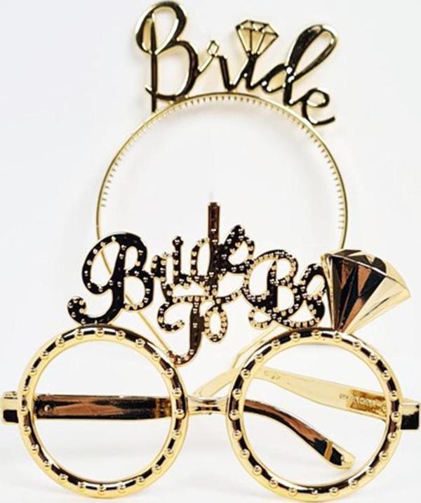 Bride Yazılı Taç ve Bride To Be Yazılı Gözlük Seti Altın Renk - Image 1
