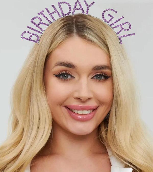 Mor Renk Kristal Taşlı Parlak Birthday Girl Yazılı Taç 16x17 cm - Image 1
