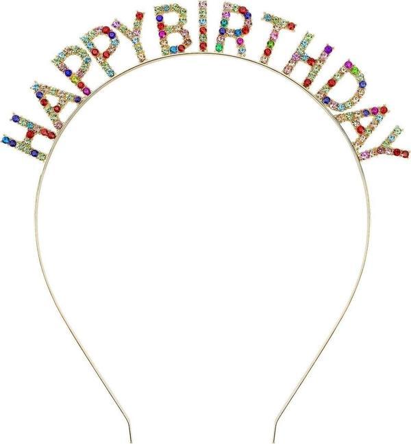 Rengarenk Kristal Taşlı Ekstra Lüks Gümüş Kaplama Happy Birthday Taç 16x17 cm - Image 1