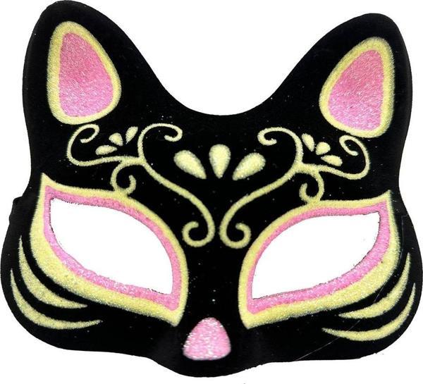 Siyah Renk Süet Kaplama Üzeri Pembe Sarı Simli Kedi Maskesi 17x14 cm - Image 1
