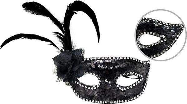 Siyah Renk Yandan Tüylü Güllü Gümüş Taşlı Pullu Maske 20x22 cm - Image 1